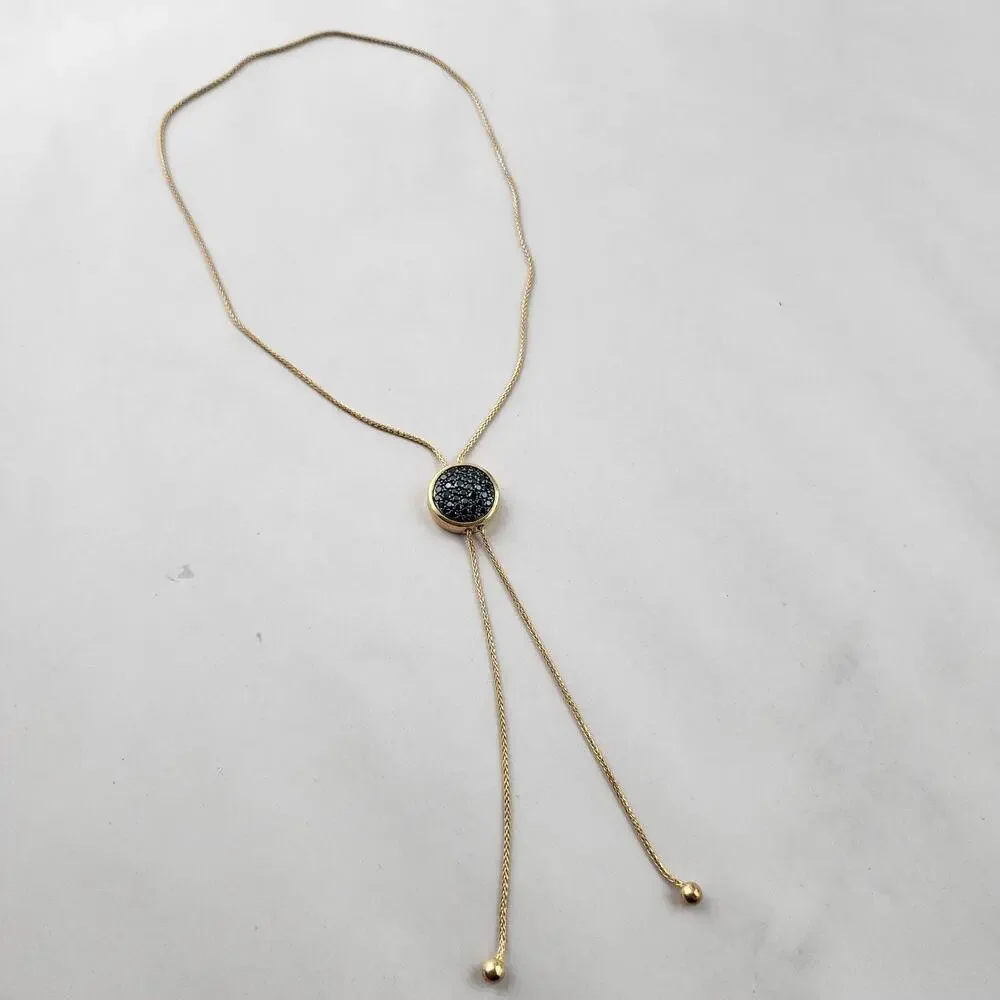 Bellezza lariat necklace ITALY 14KT Gold Plated Vintage Signed NEW Black Crystal